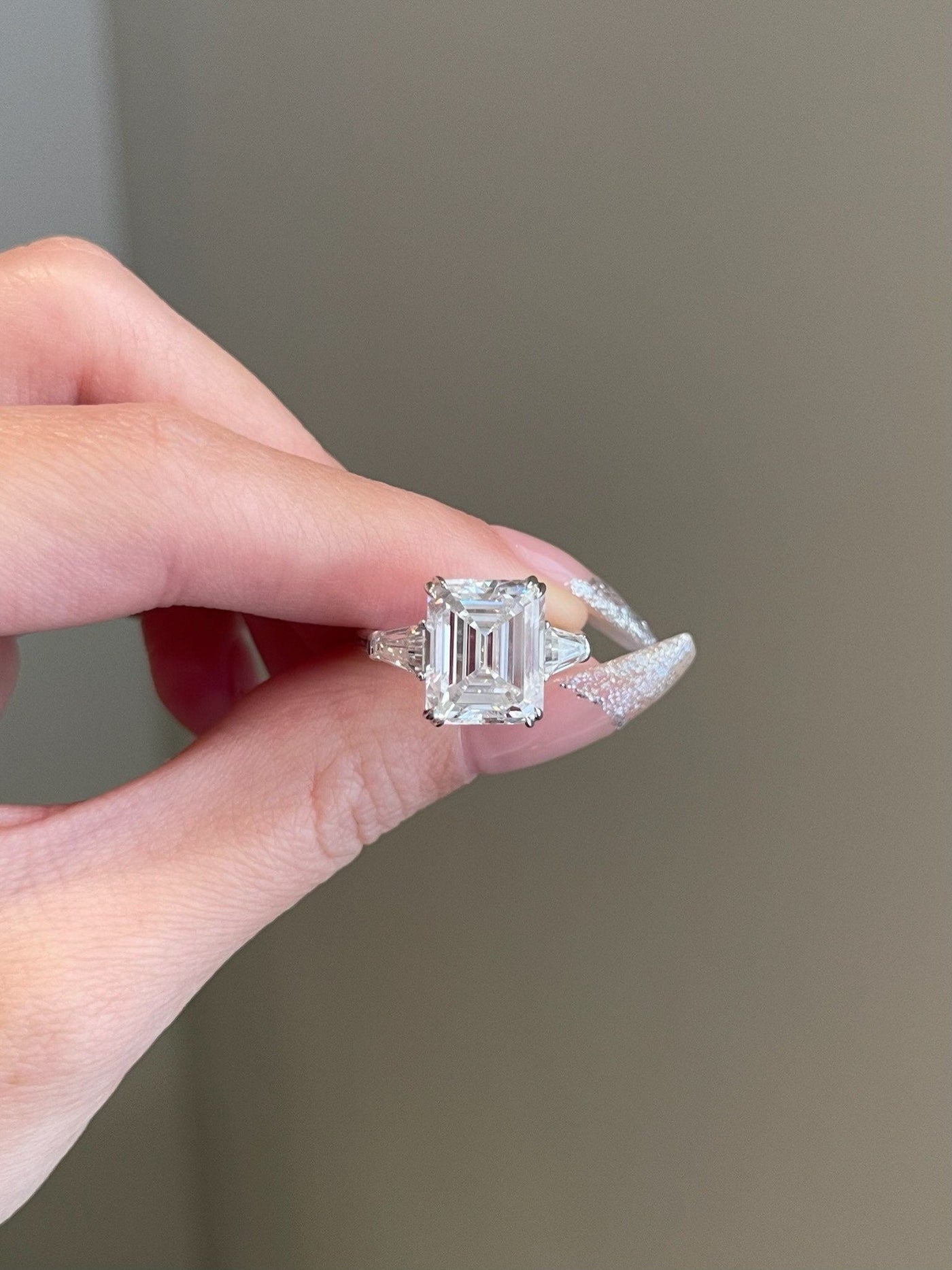 5.0ct Emerald Cut Three Stone Moissanite Diamond Engagement Ring