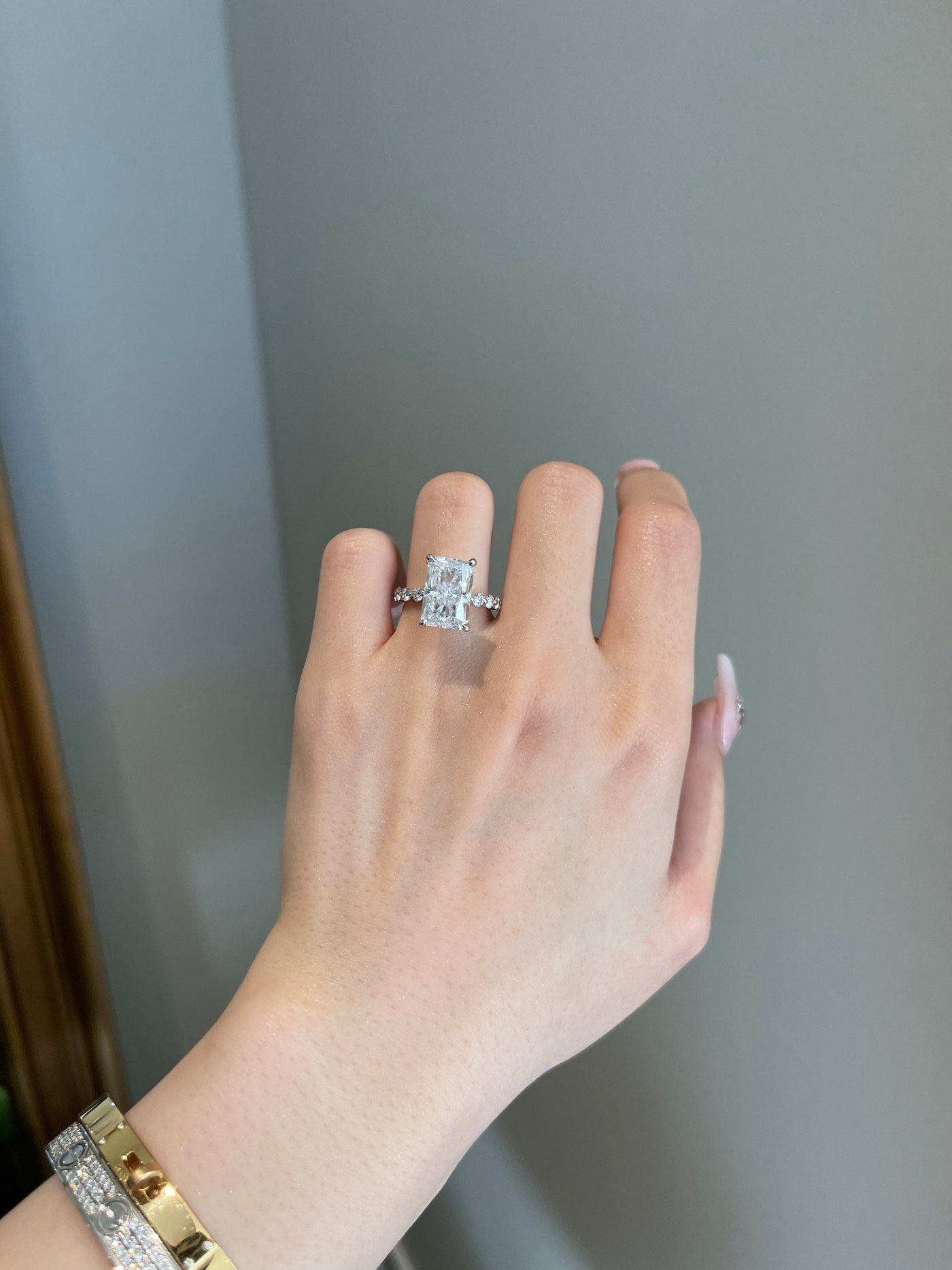 5.0ct Radiant Cut Hidden Halo Pave Moissanite Diamond Engagement Ring