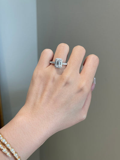 2.0ct Emerald Cut Halo Pave Moissanite Diamond Engagement Ring
