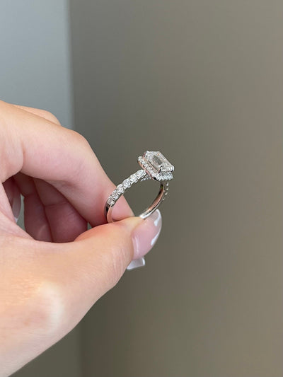 2.0ct Emerald Cut Halo Pave Moissanite Diamond Engagement Ring