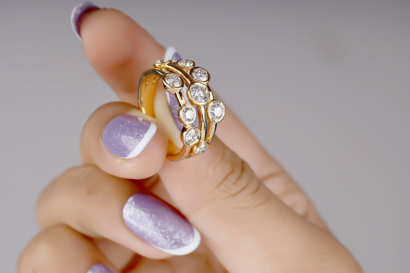 Bubble Ring Round Cut Moissanite Engagement Ring Bezel Setting Ring 14K Yellow Gold Ring Three Row Split Shank Ring For Women Wedding Ring