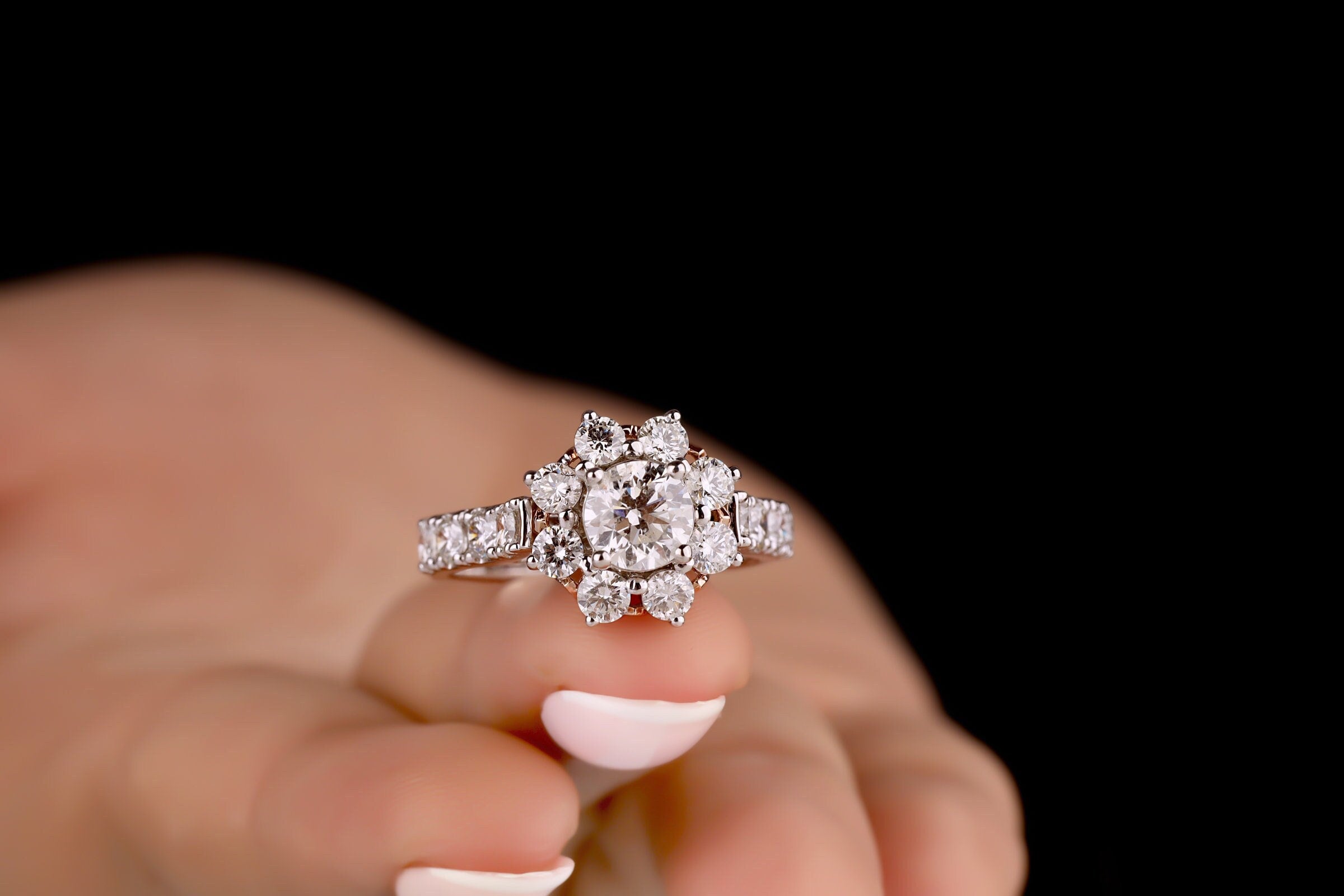 1 CT Round Cut Moissanite Engagement Ring Cluster Halo Moissanite Ring Floral Style Vintage Wedding Ring 14K White Gold Ring Bridal Ring