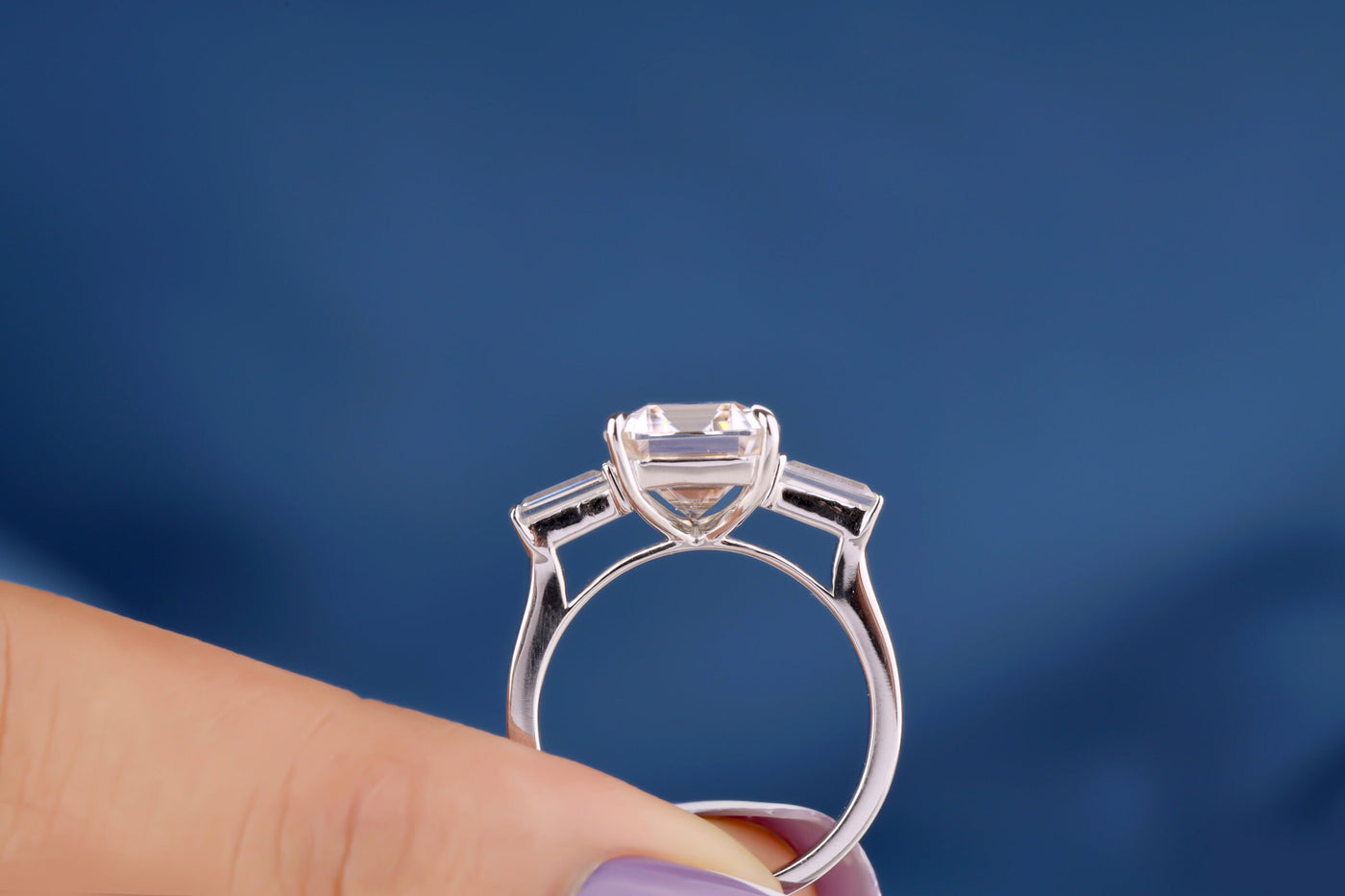 3.00 CT Asscher Cut Colorless Moissanite Ring, Three Stone Engagement Ring, 14K White Gold Wedding Ring, Baguette Moissanite Ring For Women