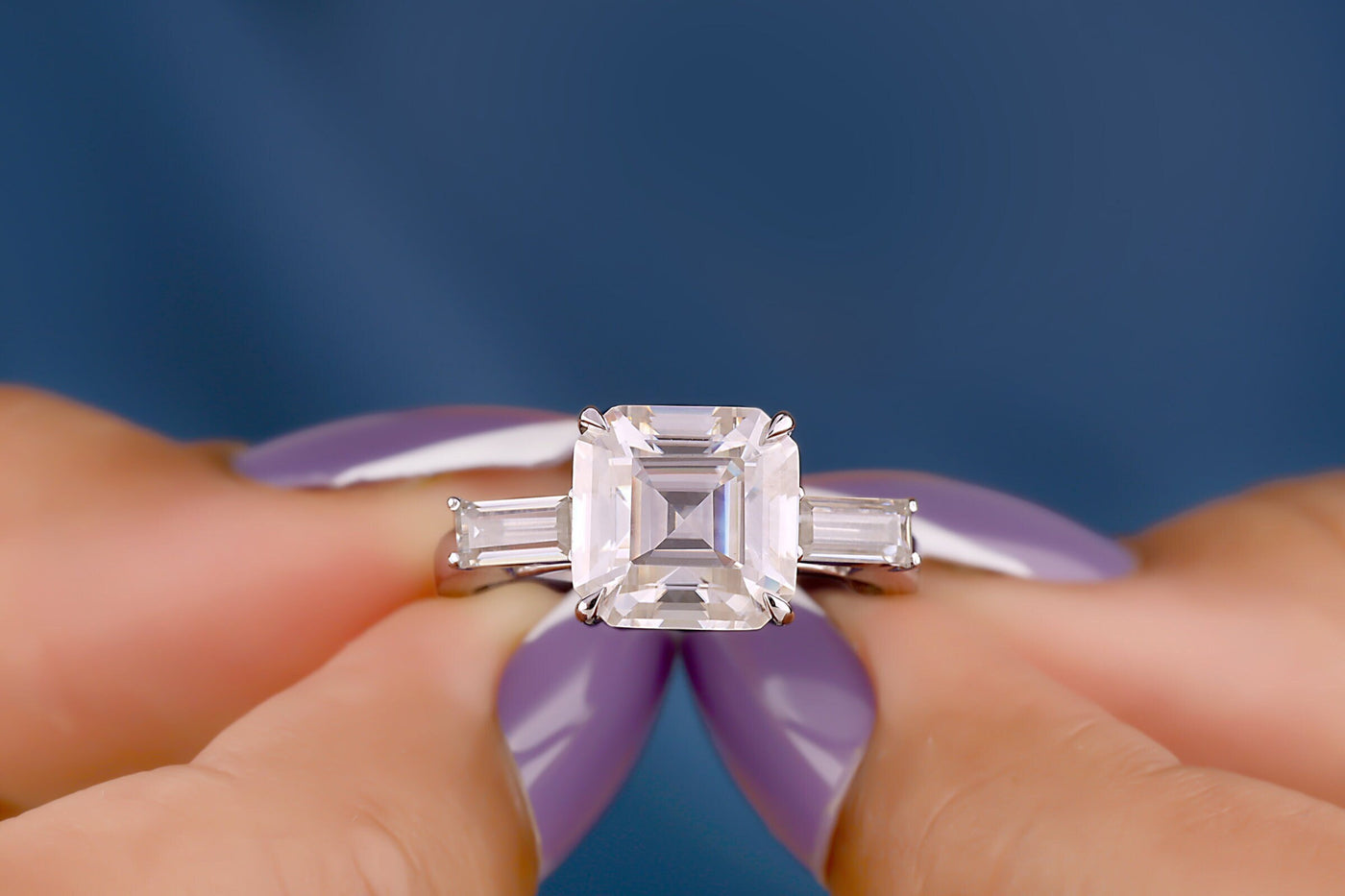 3.00 CT Asscher Cut Colorless Moissanite Ring, Three Stone Engagement Ring, 14K White Gold Wedding Ring, Baguette Moissanite Ring For Women