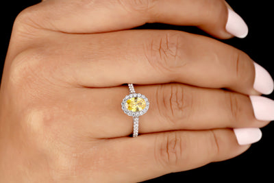 Yellow Moissanite Engagement Ring 14K White Gold Ring 1.25 CT Oval Cut Moissanite Ring Oval Halo Bridal Wedding Ring Handmade Promise Ring