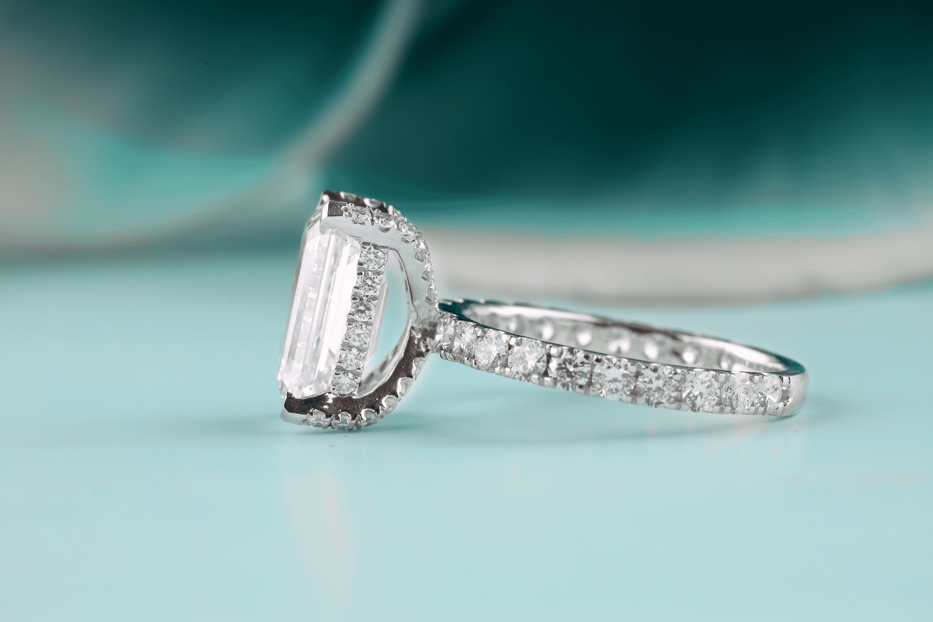 3 CT Emerald Colorless Moissanite Ring Moissanite Engagement Ring Hidden Halo Wedding Ring 14K White Gold Ring, Half Eternity Bridal Ring