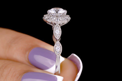 1 CT Round Moissanite Engagement Ring Colorless Halo Moissanite Ring Art Deco Wedding Ring Miligrain Vintage Ring For Women White Gold Ring