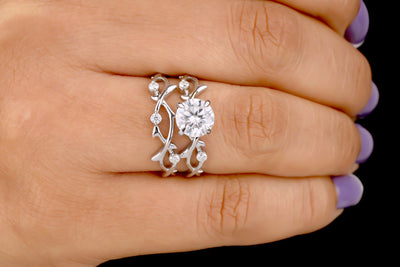 1 CT Round Moissanite Twig Engagement Ring Set Moissanite Round Bridal Set Celtic Twisted Twig Wedding Ring Set White Gold Promise Ring Set