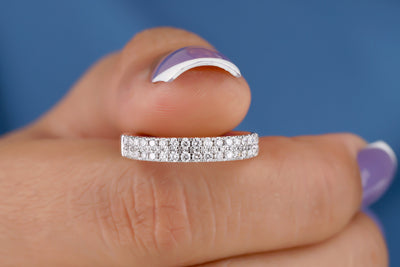 Two Row Round Moissanite Band 14K White Gold Band For Her Moissanite Half Eternity Matching Band For Engagement Ring Round Cut Wedding Band