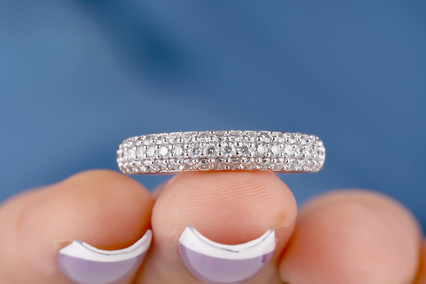Three Row Micro Pave Wedding Band Round Moissanite Band Half Eternity Dome Band Stackable Band Anniversary Gift 14K White Gold Promise Band