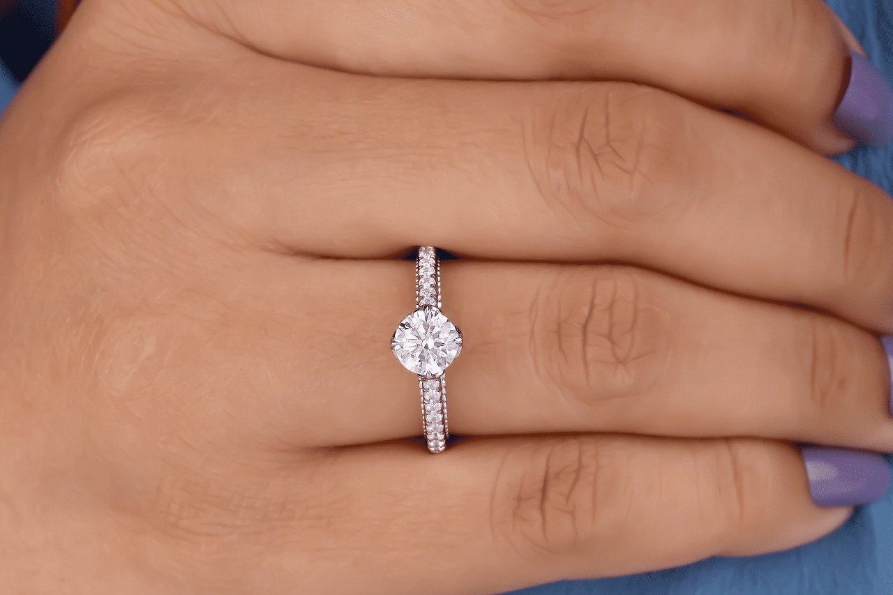 1CT Round Cut Colorless Moissanite Engagement Ring 14K White Gold Ring Art Deco Filigree Ring Victorian Wedding Ring Vintage Moissanite Ring