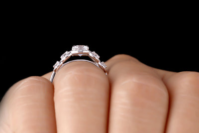 Round Cut Moissanite Engagement Ring Five Stone Round Halo Moissanite Ring 14K White Gold Wedding Ring Anniversary Ring Half Eternity Ring