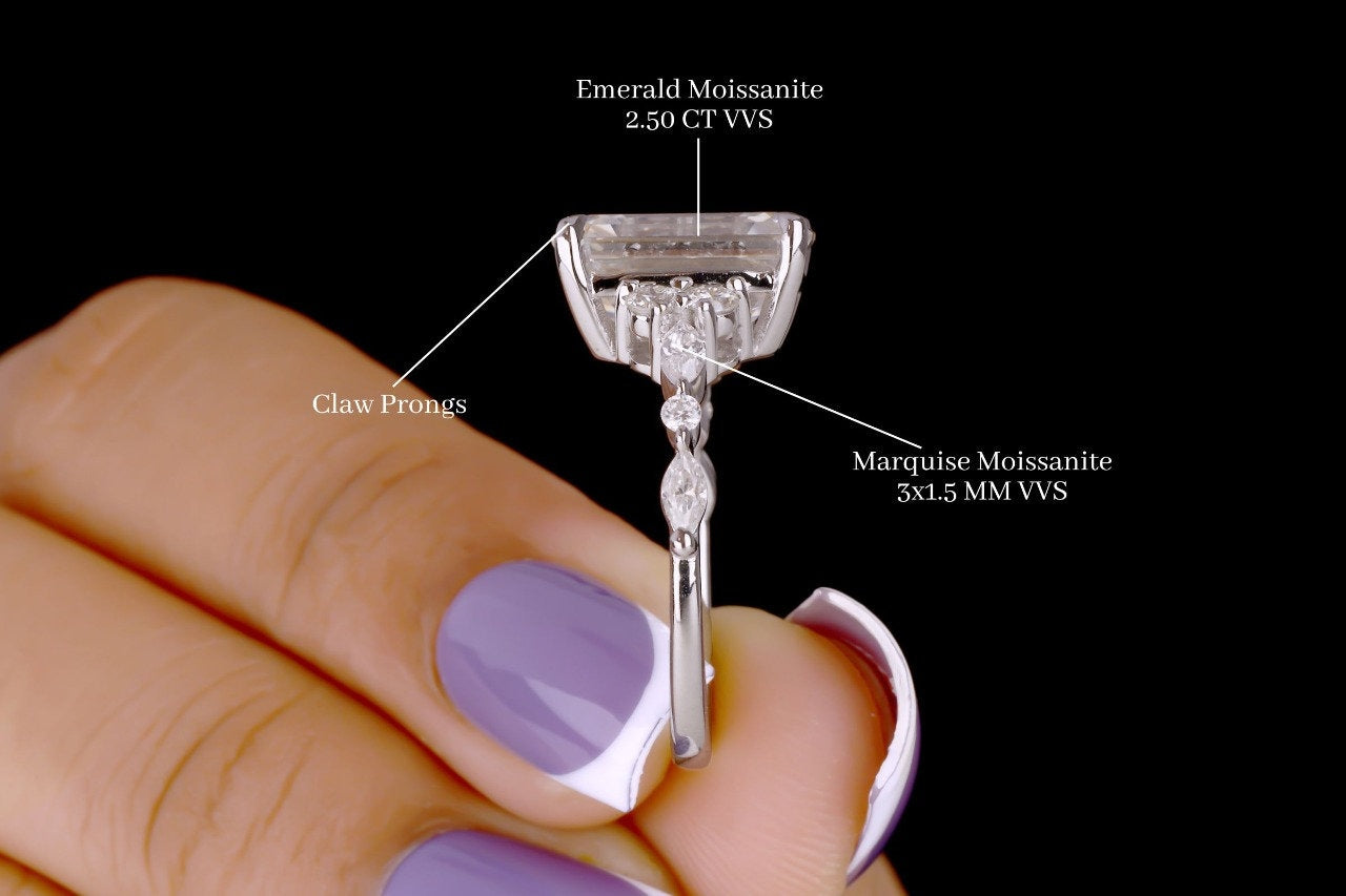 2.50 CT Emerald Colorless Moissanite Engagement Ring Snowdrift Ring Art Deco Cluster Wedding Ring Dainty Moissanite Ring 14K White Gold Ring