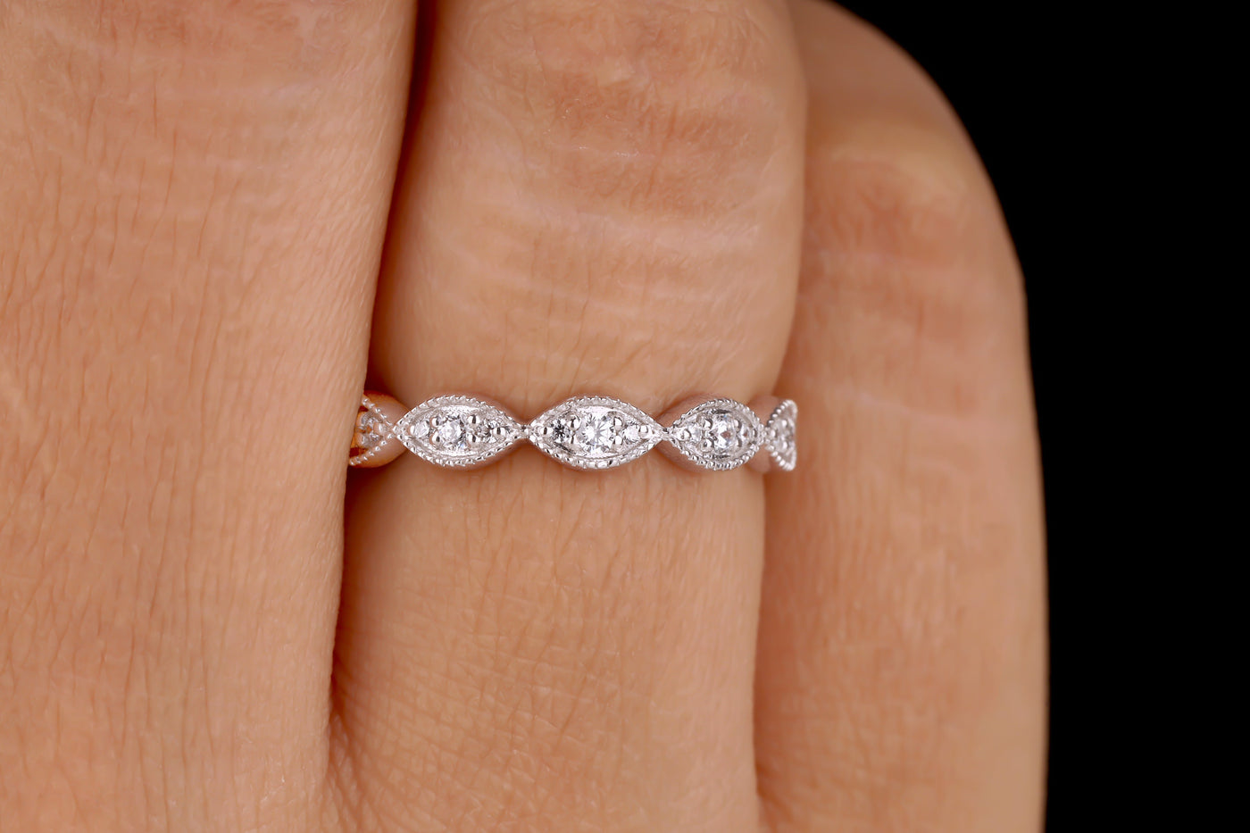 Round Colorless Moissanite Band Art Deco Vintage Milgrain Wedding Band Scalloped Band Stacking Band Solid 14K White Gold Half Eternity Band