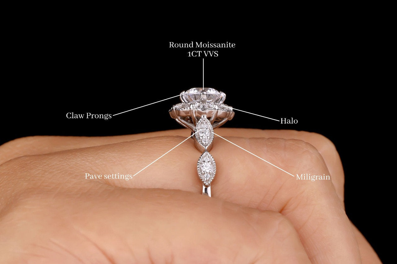 1 CT Round Moissanite Engagement Ring Colorless Halo Moissanite Ring Art Deco Wedding Ring Miligrain Vintage Ring For Women White Gold Ring
