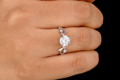 Celtic Twig Nature Inspired Engagement Ring 1 CT Round Moissanite Wedding Ring 14K White Gold Ring Moissanite Twig Ring Leaf Unique Ring