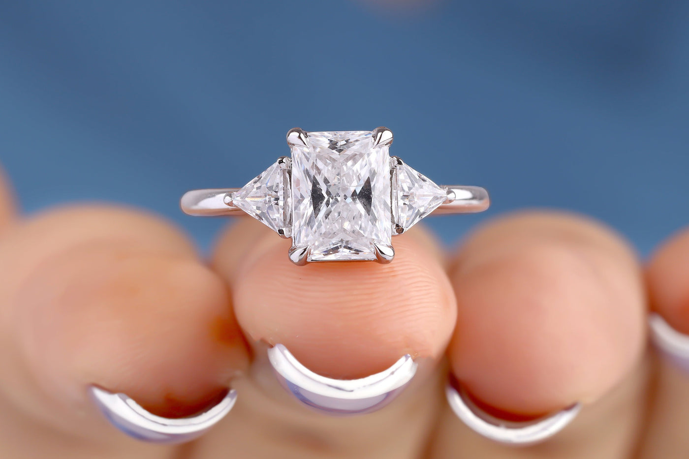 2.50 Ct Radiant Moissanite Engagement Ring Three Stone Wedding Ring Triangle Moissanite Ring 14K/18K White Gold Ring Promise Ring For Women