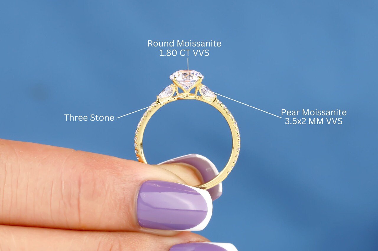 Three Stone Solitaire Ring 1.80 CT Round Moissanite Engagement Ring Yellow Gold Ring Pear Moissanite Wedding Ring Half Eternity Promise Ring