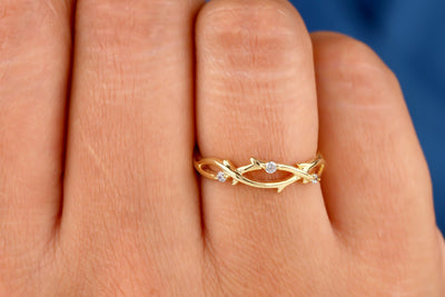 Twig Wedding Band Moissanite Vintage Twig Band For Women Round Cut Twisted Wedding Band Unique Branch Stacking Band Solid Yellow Gold Band