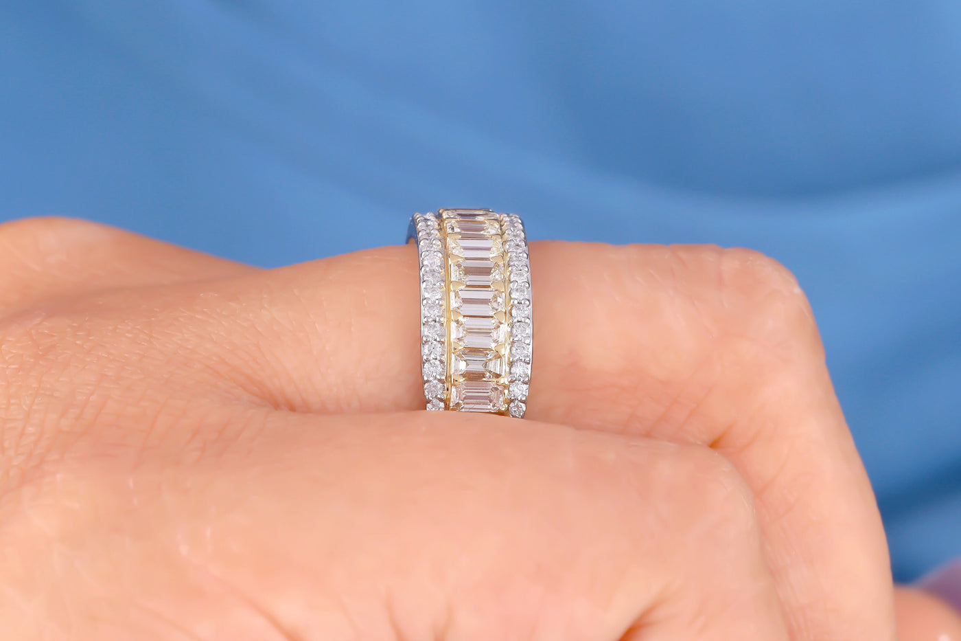 Emerald Cut Moissanite Wedding Band Solid White Gold Band Three Row Eternity Band Wide Emerald Moissanite Band Anniversary Gift Promise Band