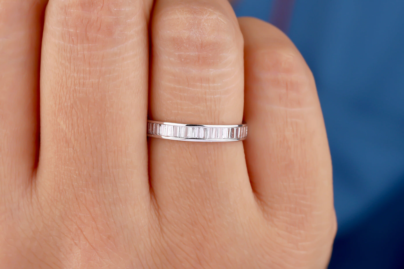 Baguette Colorless Moissanite Half Eternity Wedding Band Minimalist Band In 14K White Gold Channel Set Eternity Band Women's Wedding Band