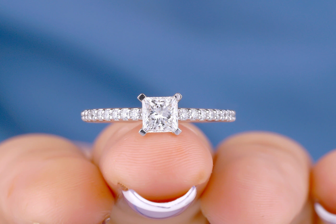 1.00 CT Princess Colorless Moissanite Ring Pave Set Half Eternity Moissanite Ring Engagement Ring 14K White Gold Ring Wedding Ring For Women