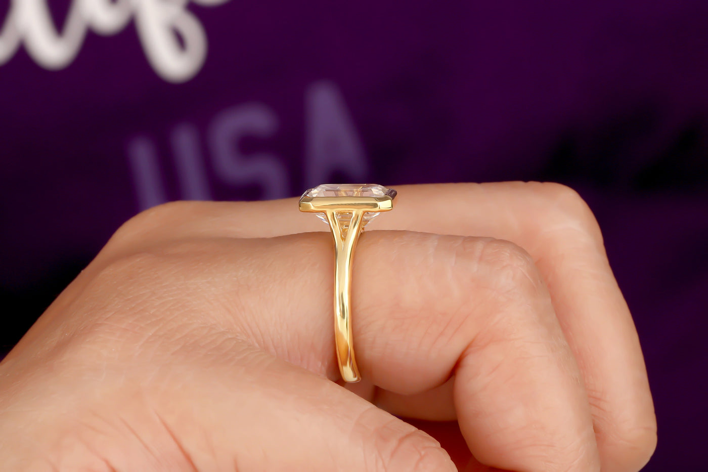 3 Ct Emerald Bezel Set Ring Moissanite Engagement Ring Split Shank Solitaire Ring Anniversary Ring Solid 14K Yellow Gold Ring Gift For Women