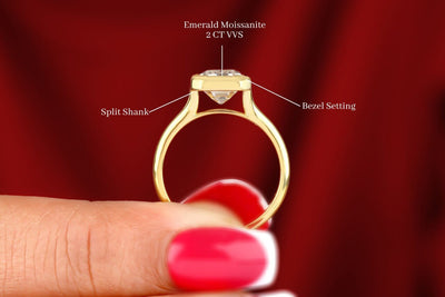 Solid 14K Yellow Gold Ring 2 CT Emerald Cut Colorless Moissanite Engagement Ring Split Shank Solitaire Ring Bezel Set Ring Wedding Ring Gift
