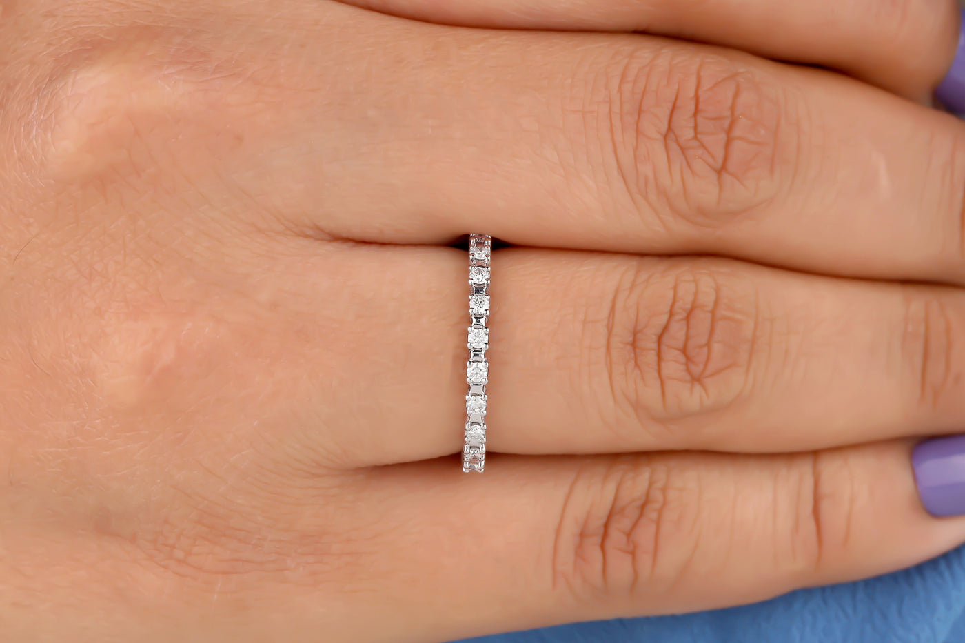 Moissanite Half Eternity Prong Set Band Unique Moissanite Wedding Band Round Cut Stacking Matching Band Solid White Gold Band Promise Band