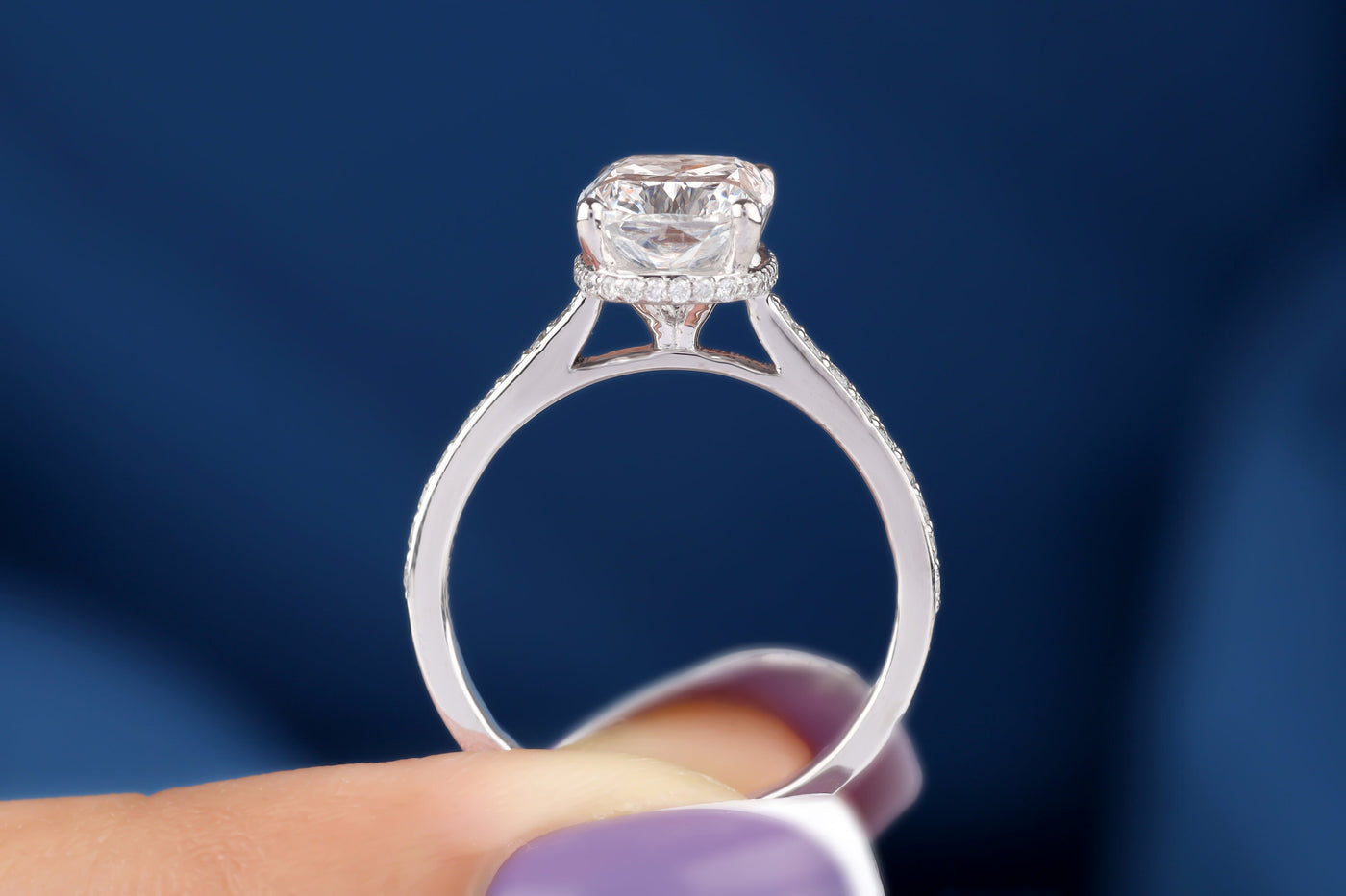 3 CT Elongated Cushion Moissanite Engagement Ring Hidden Halo Moissanite Ring Solid 14K White Gold Ring Half Eternity Wedding Band For Her