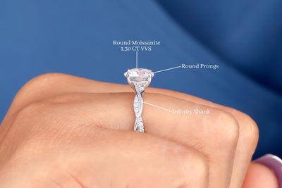 1.50 CT Moissanite Engagement Ring Round Cut Moissanite Ring Infinity Shank Wedding Ring 14K White Gold Ring Half Eternity Bridal Jewelry