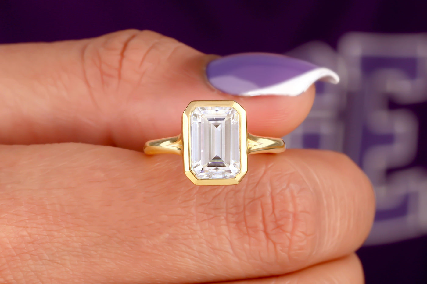 3 Ct Emerald Bezel Set Ring Moissanite Engagement Ring Split Shank Solitaire Ring Anniversary Ring Solid 14K Yellow Gold Ring Gift For Women