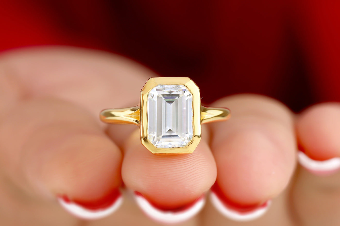 Solid 14K Yellow Gold Ring 2 CT Emerald Cut Colorless Moissanite Engagement Ring Split Shank Solitaire Ring Bezel Set Ring Wedding Ring Gift