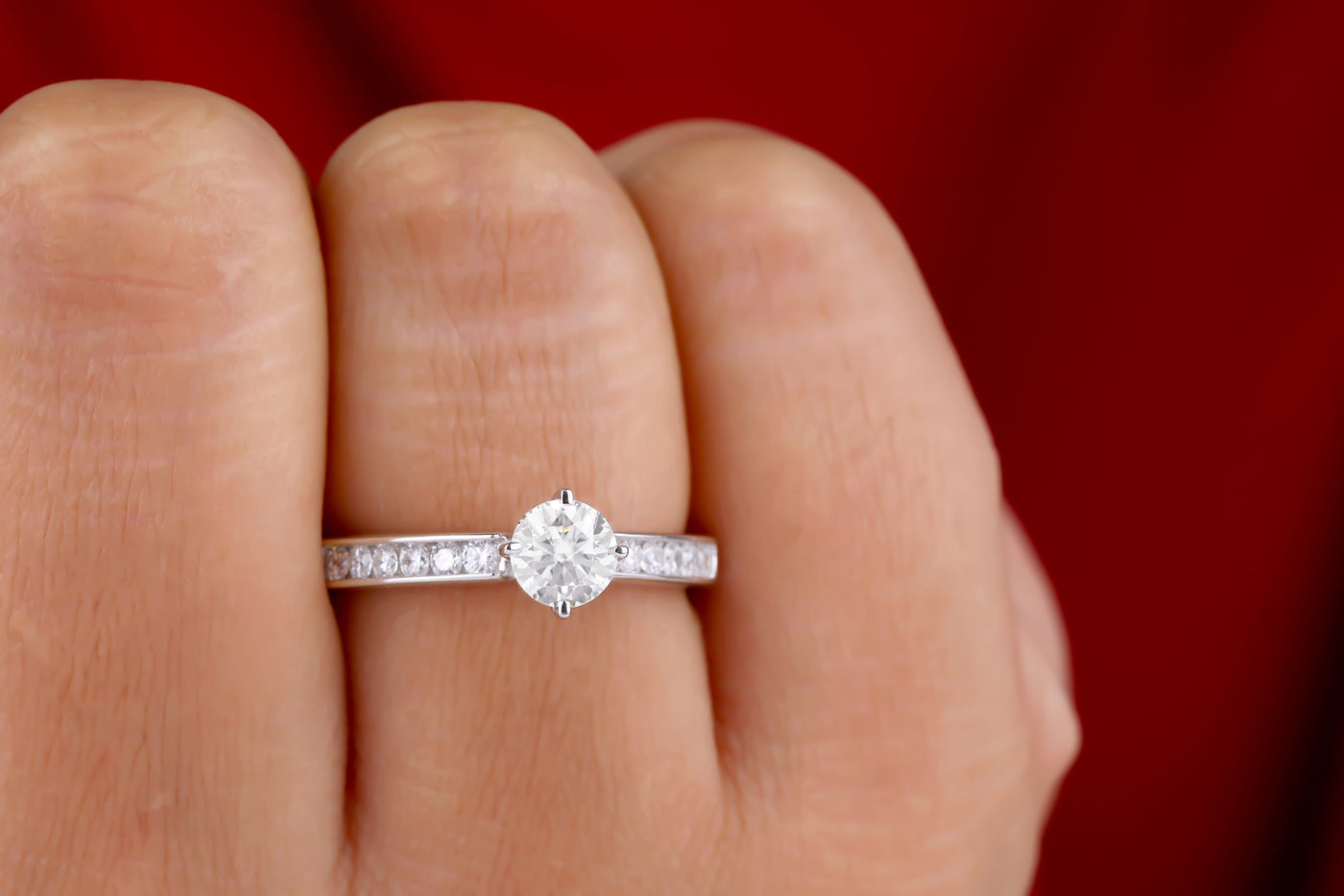 1 CT Round Cut Moissanite Engagement Ring, Channel Set Half Eternity Ring, 14K White Gold Ring, Anniversary Gift, Moissanite Wedding Ring