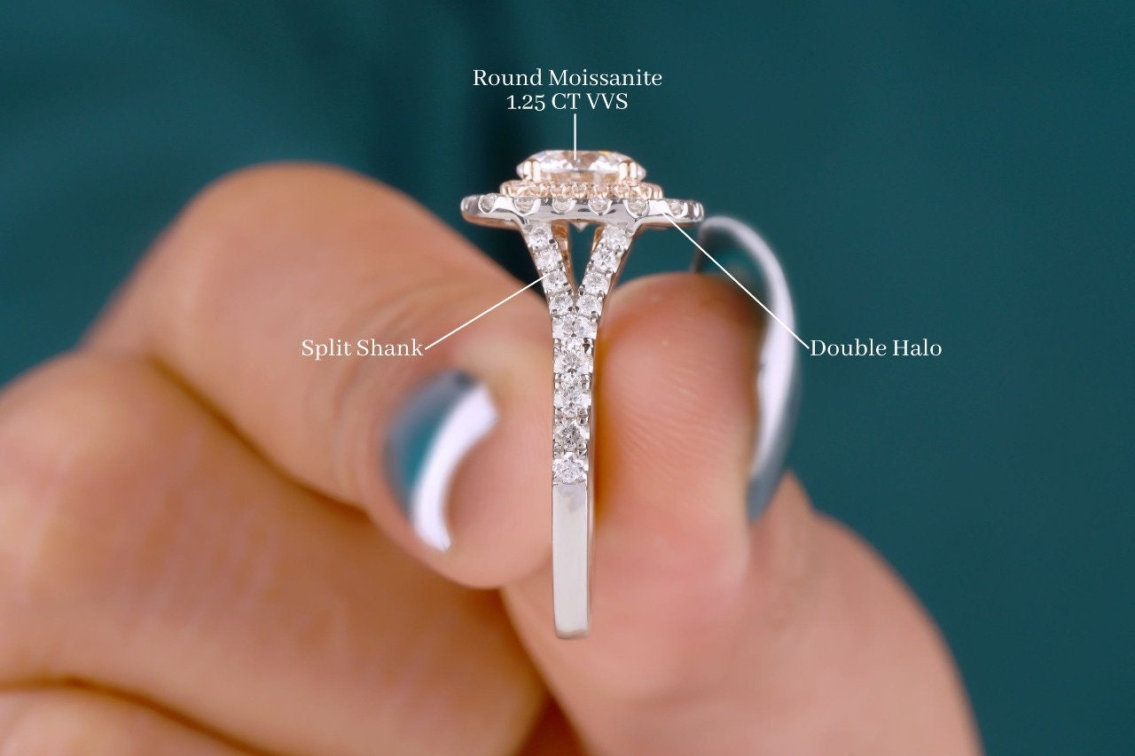 Moissanite Engagement Ring, 1.25 Ct Round Brilliant Cut Ring, Double Halo Moissanite Wedding Ring, Two Tone Ring, Split Shank Bridal Ring