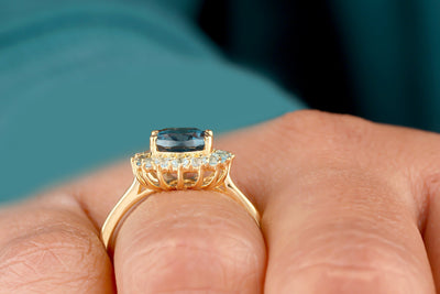 2.19 CT Oval Cut Blue Topaz Gemstone Ring, Oval Halo Moissanite Engagement Ring, 14K Yellow Gold Ring, Moissanite Wedding Ring, Promise Ring