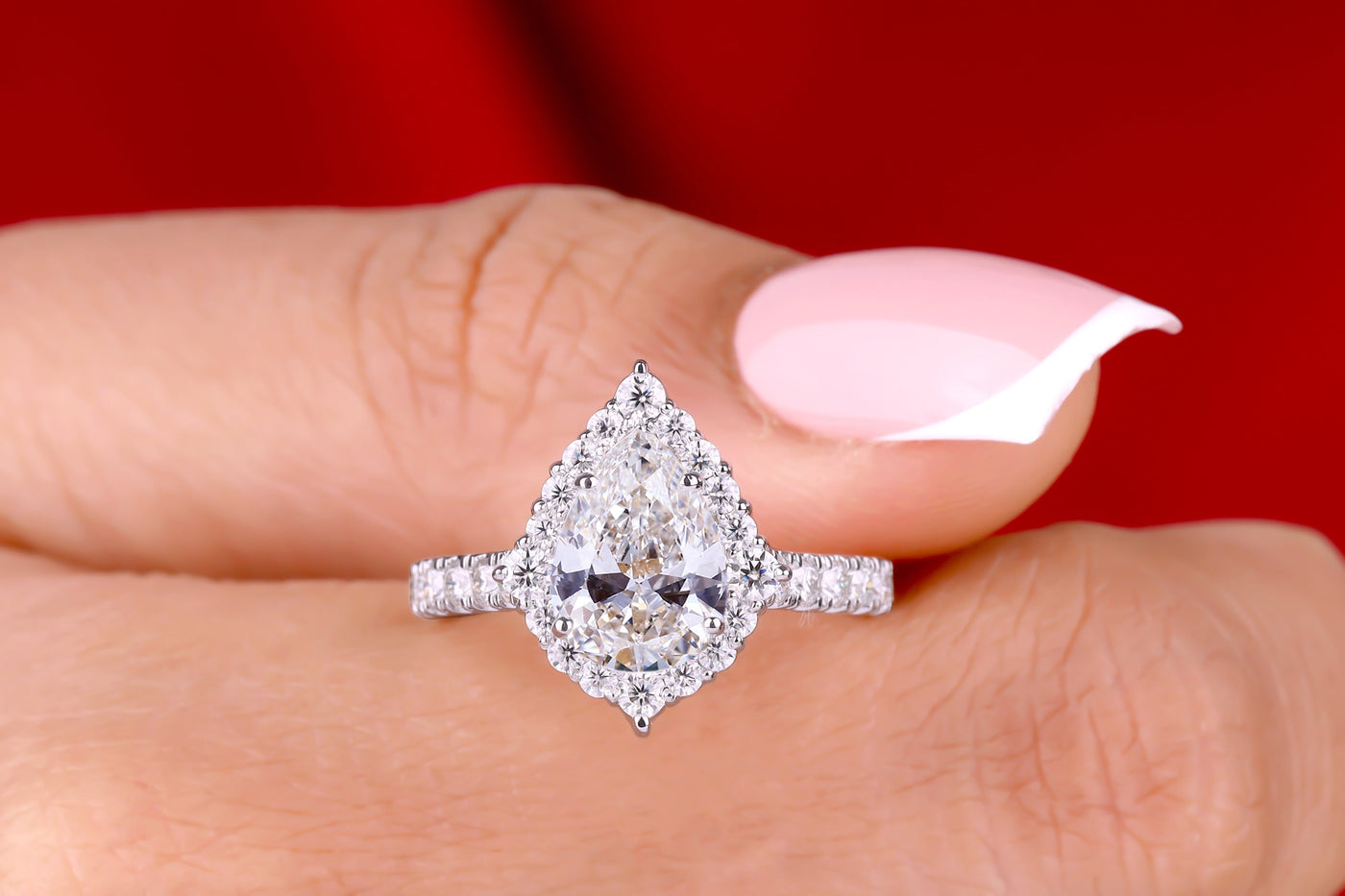 2.50 CT Pear Cut Moissanite Engagement Ring, Teardrop Bridal Ring, Halo Moissanite Wedding Ring, 14K White Gold Ring, Pear Halo Promise Ring