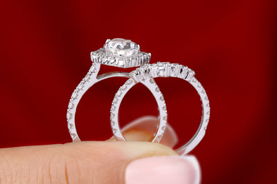 Bridal Ring Set, 2.50 CT Pear Cut Colorless Moissanite Engagement Ring Set, Halo Moissanite Ring, Curved Wedding Band, 14K White Gold Ring