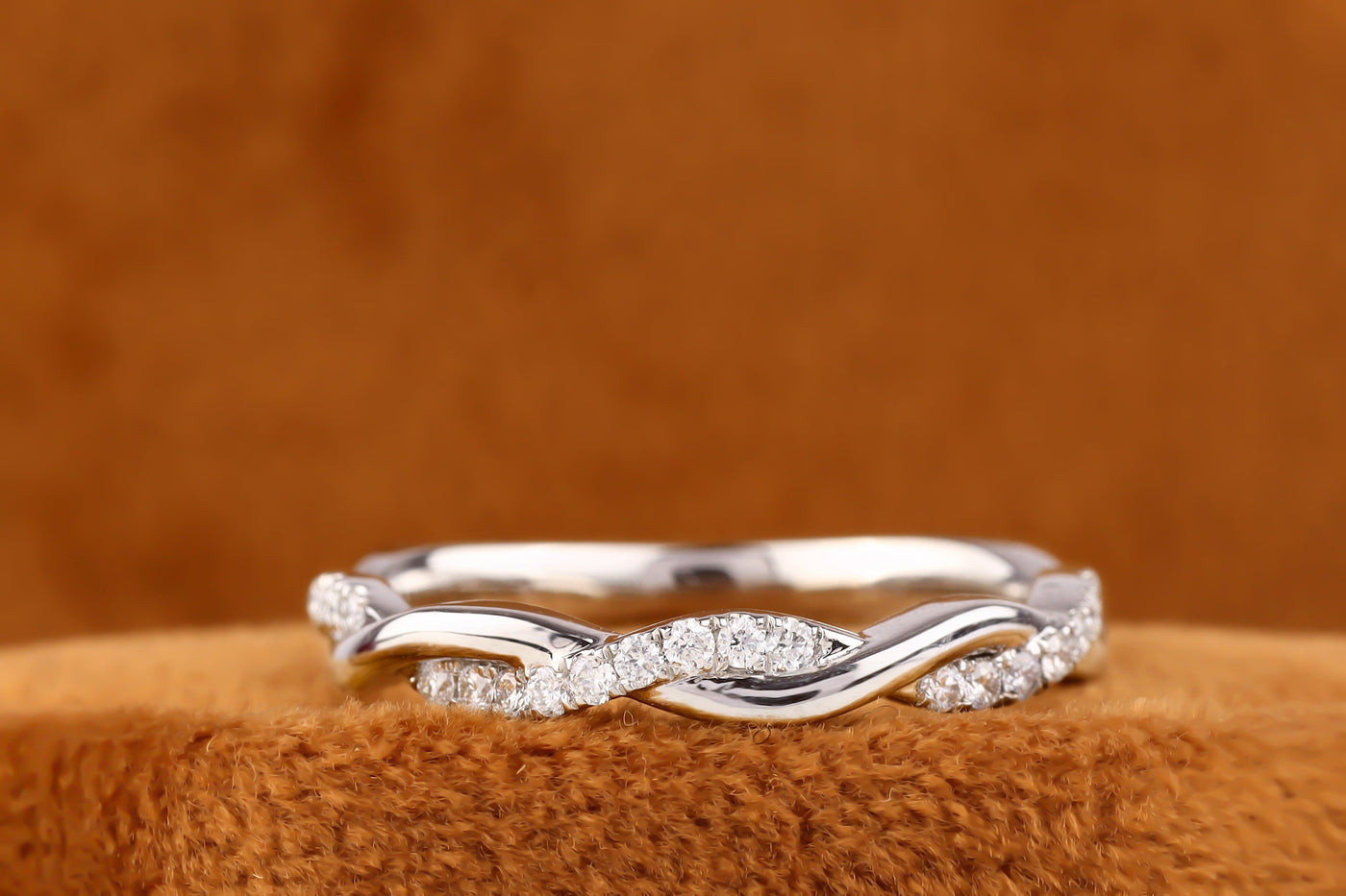 Infinity Moissanite Wedding Band, Round Cut Band, 14K White Gold Band, Twisted Shank Half Eternity Band, Matching Band For Engagement Ring