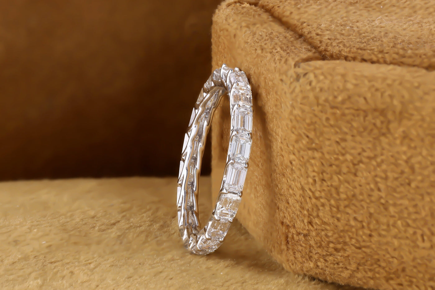East West Solitaire Band, Emerald Cut Colorless Moissanite Wedding Band, 14K White Gold Band, Full Eternity Band, Stacking Band For Her