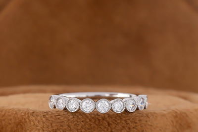 3 MM Bezel Set Round Moissanite Half Eternity Band, Solid 14K White Gold Band, Moissanite Wedding Band, Unique Stacking Band, Gift For Her