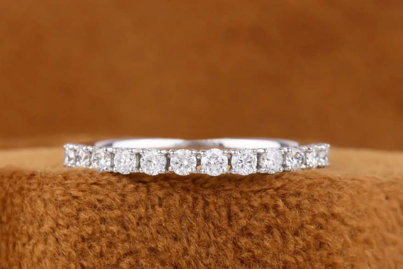 Round Cut Half Eternity Band, Engagement Band, Shared Prongs Accents Solitaire Band, Moissanite Wedding Band, Solid 14K White Gold Band Gift