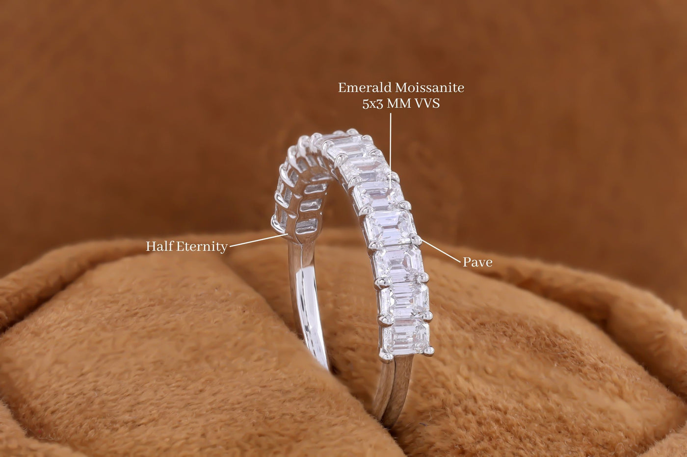 Emerald Cut 14K White Gold Eternity Wedding Band, Anniversary Gift, Half Eternity Stackable Band, Emerald Colorless Moissanite Band For Her