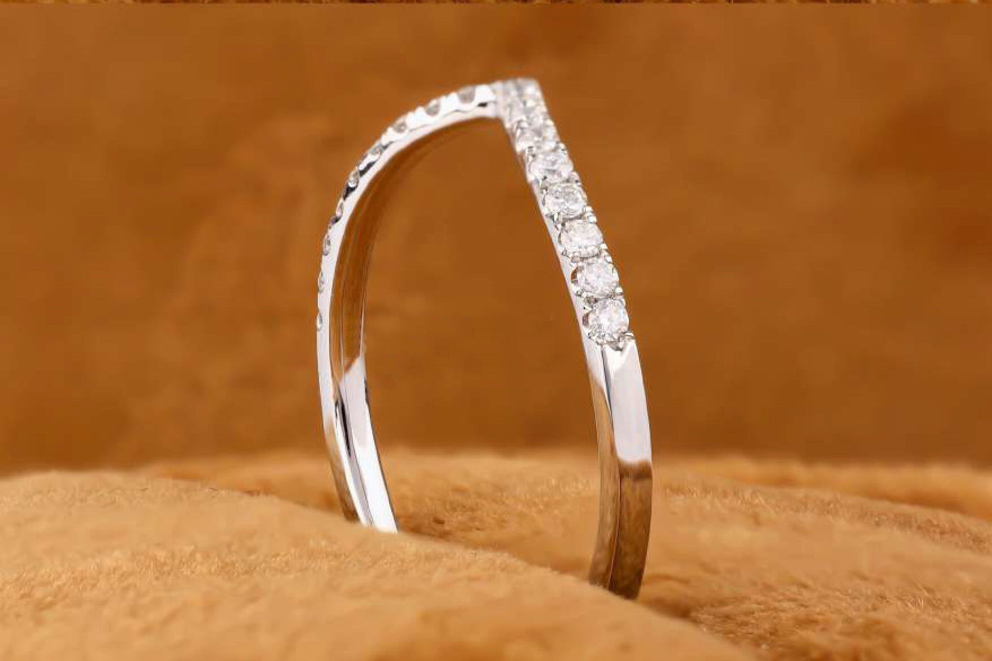 Curved Moissanite Wedding Band, Chevron Wedding Band, Round Cut Colorless Moissanite Band, Solid White Gold Band, Stacking Matching Band