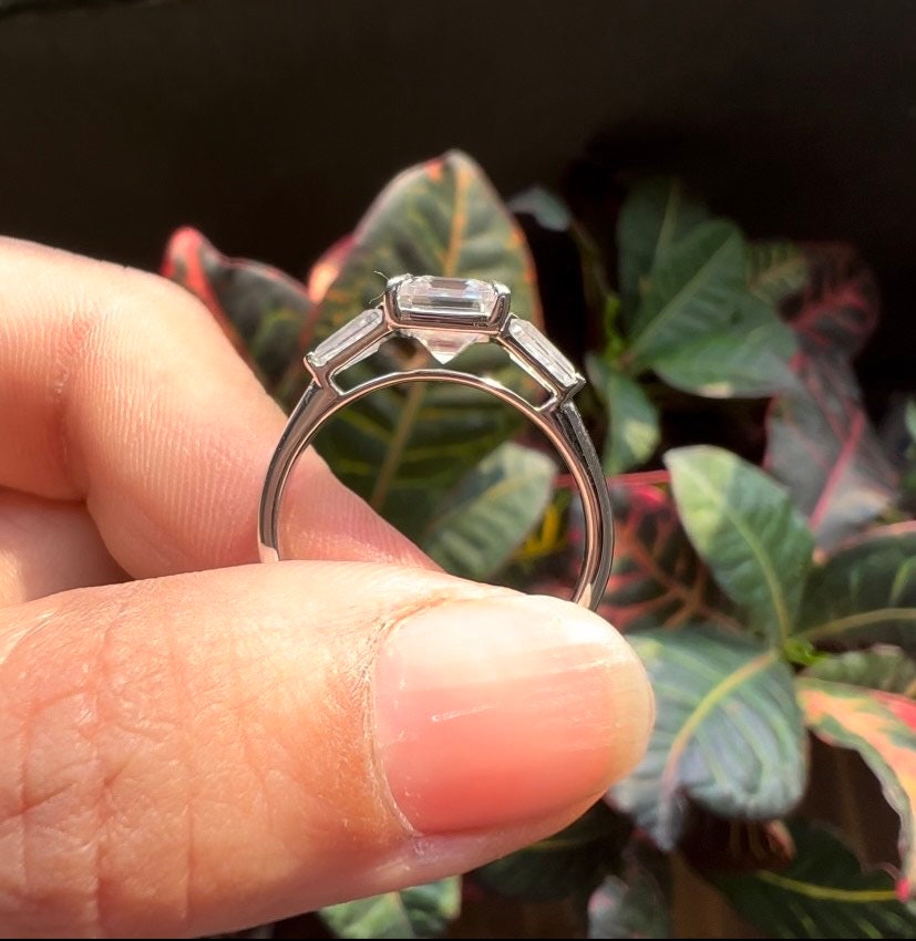 2 Ct Asscher Cut Colorless Moissanite Engagement Ring, Tapper Baguette Moissanite Three Stone Ring, 14K White Gold Ring, Bridal Wedding Ring