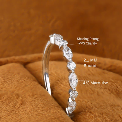 Round &amp; Marquise Diamond Band, Moissanite Wedding Band, Matching Band For Engagement Ring, Prong Set Band, Gift For Her,Half Eternity Band