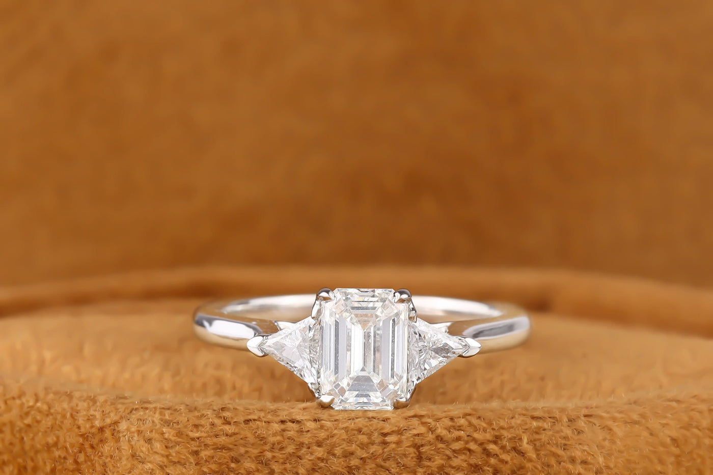 1 Ct Emerald Cut Colorless Moissanite Engagement Ring, Solid White Gold Ring, Three Stone Solitaire Wedding Ring, Triangle Moissanite Ring