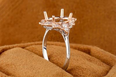 Mount Ring, Oval Cut Moissanite Engagement Ring, Vintage Halo Moissanite Wedding Ring, 14K Rose Gold Ring, Art Deco Ring, Classic Women Ring