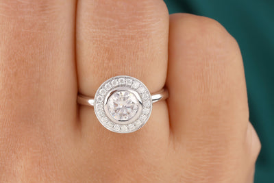1 Ct OEC Round Cut Moissanite Engagement Ring, Halo Moissanite Wedding Ring, Bezel Set Solitaire Ring, Solid 14K White Gold Women Ring