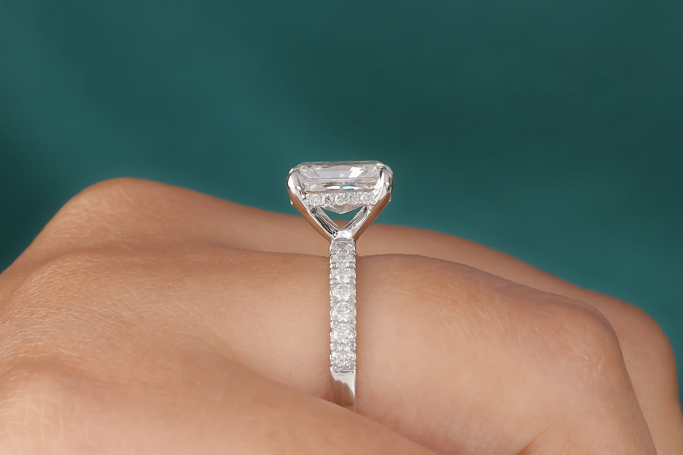 2.60 Ct Radiant Cut Moissanite Engagement Ring, Hidden Halo Moissanite Wedding Ring, Solid 14K White Gold Ring, Half Eternity Ring For Women